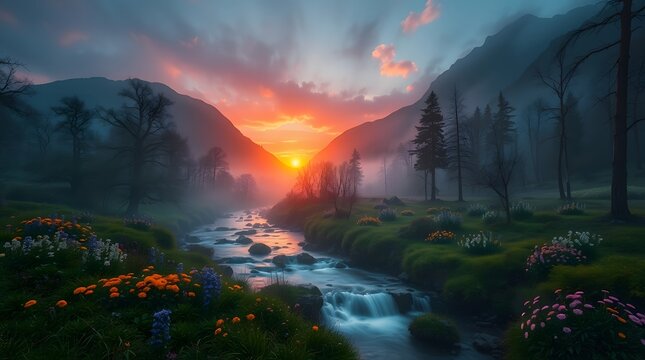 Spring Forest Mountain River in Sunrise