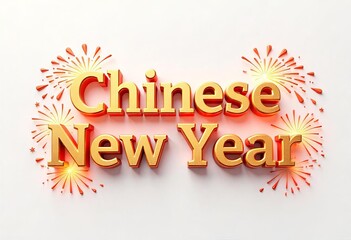 'Chinese New Year' 3D text featuring gold with festive fireworks illustrated around the text isolated on a white background