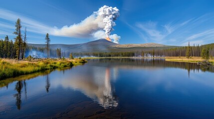 Obraz premium Majestic Mountain Fire Smoke Reflection in Lake