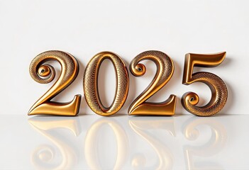'2025' 3D text featuring gold with ornate snake motifs isolated on a white background