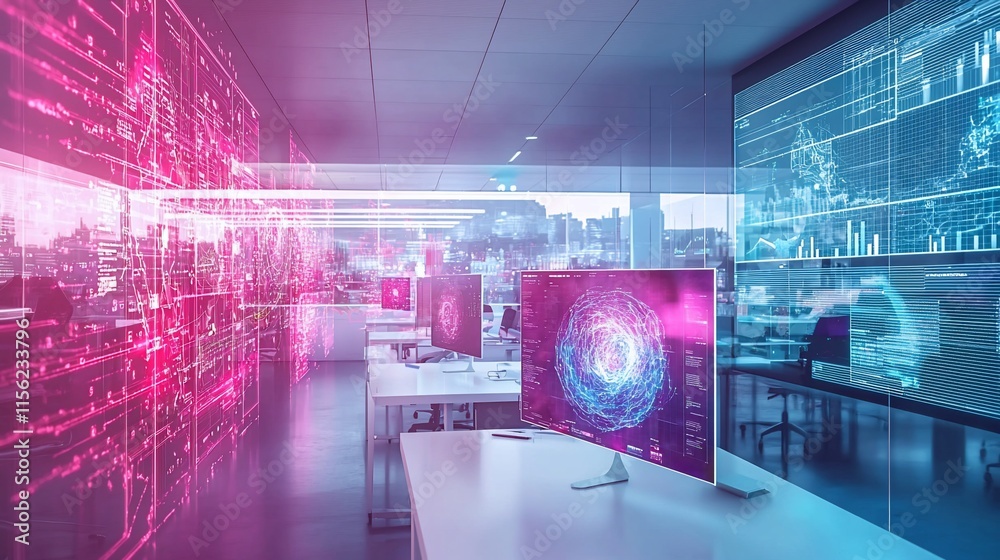 Poster Modern office with futuristic digital displays showing data and code.