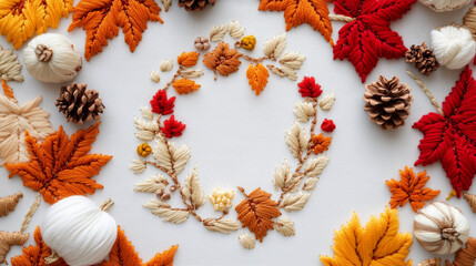 Autumn Flowers and Autumn Leaves Embroidery Background