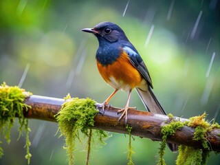 Fototapeta premium White Rumped Shama in Rainforest Rain - AI Photo