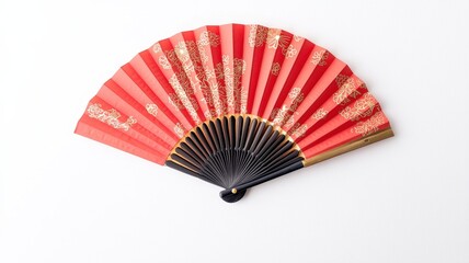 Red Hand Fan Asian Decor Gold Floral Design Paper Fan Chinese Style Summer Accessory Top View White