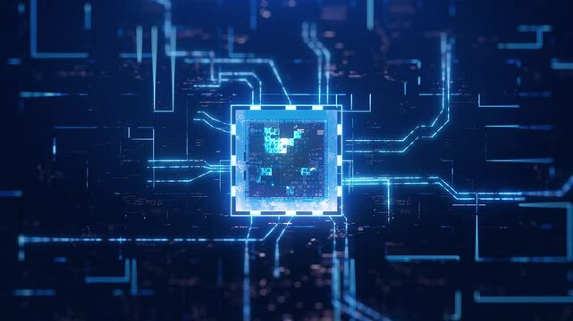 Future technology chip circuit, high tech motherboard circuit current. Glowing circuits emanating from a computer's central processing unit.