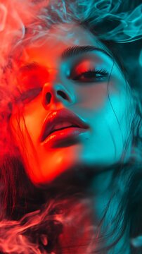 Woman Face Red Blue Light Smoke