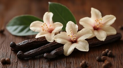 Vanilla Beans and Blossoms Resting on Dark Wood