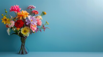 Fototapeta premium Vibrant Bouquet of Flowers in Vase Against Blue Background
