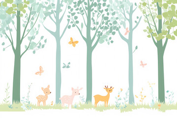 Cute Animals in a Light Green Forest Wallpaper for Kids' Rooms