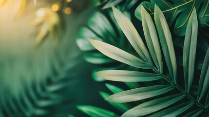 Fototapeta premium Blurred bokeh concept. Vibrant green leaves illuminated by soft sunlight in a lush, tropical setting.