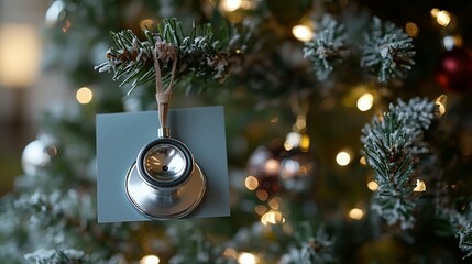 Stethoscope Ornament Hangs On A Snowy Christmas Tree