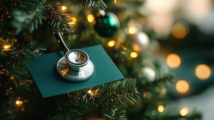 Stethoscope on Christmas Tree with Festive Lights