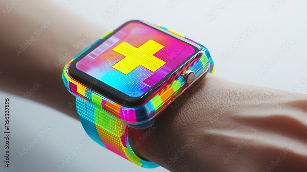 Poster colorful smartwatch displaying a plus sign health app.