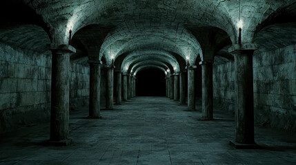 Obraz premium Mysterious Underground Hall with Tall Crumbling Stones and Dim Lighting