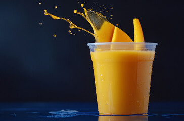 Vibrant mango juice with slice and yellow splash on dark blue