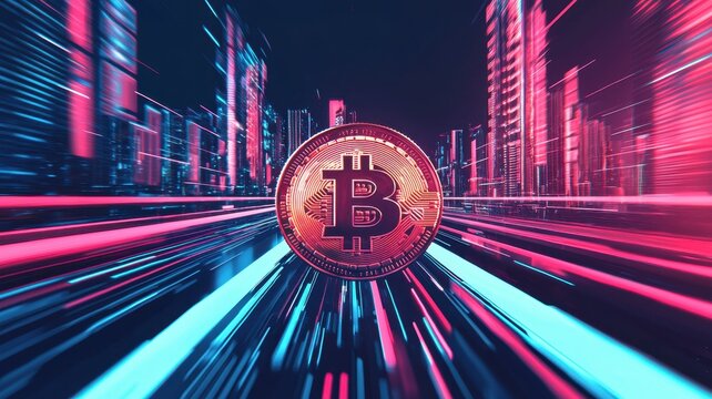 Futuristic Cityscape Bitcoin Cryptocurrency Speed Digital Currency Night Lights