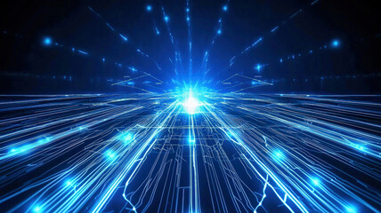 A dynamic dark blue background featuring glowing network nodes and sleek digital lines, creating a futuristic and professional look, ideal for tech startups or business presentations.