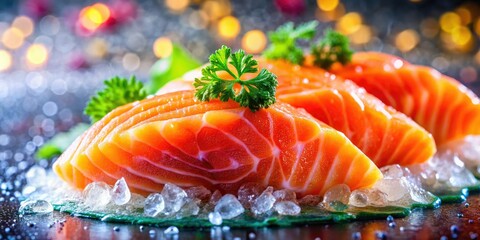 Bokeh magic highlights fresh salmon sashimi, each drop a jewel.