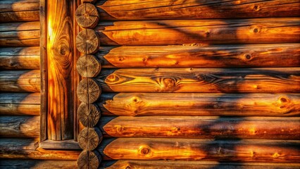 Naklejka premium Close-up: sunlit log cabin's textured wall. Minimalist photography. Rustic charm.