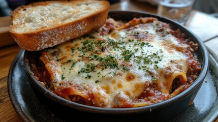 Delicious Baked Pasta Dish with Melted Cheese and Bread