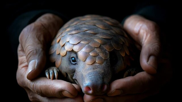 Close-up of human hands cradling a pangolin, highlighting its textured scales and vulnerable, endangered nature on a dark background.