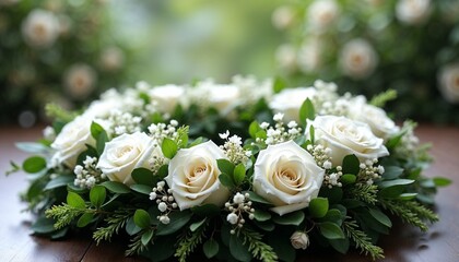 White rose wreath with greenery on wooden table