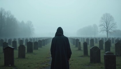 Hooded figure in misty cemetery among gravestones