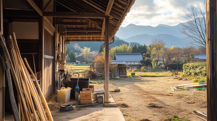 冬の午後に行われる古い日本家屋と納屋の大掃除