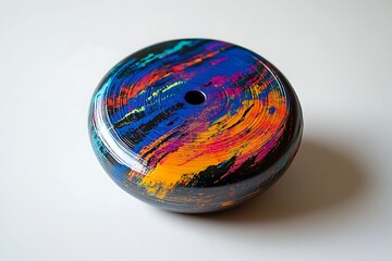 A disc golf frisbee with vibrant markings on a solid white background.