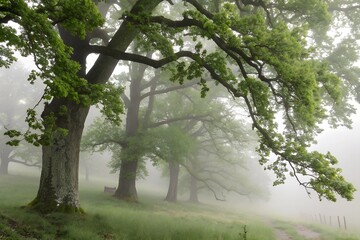 Obraz premium A serene scene of fog gently enveloping majestic oak trees with vibrant green leaves, creating a mystical and tranquil atmosphere in a lush, natural setting.