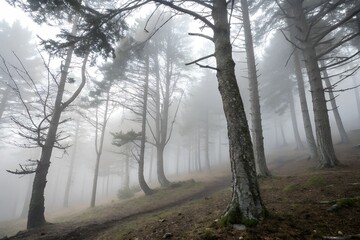 Obraz premium Mystical fog envelops the dense forests of Uludağ, Turkey, creating an ethereal atmosphere. Towering trees fade into the mist, blending nature’s beauty with a serene, dreamlike ambiance.