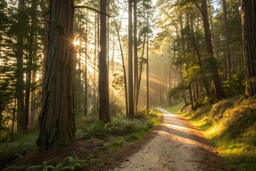 Obraz premium A serene trail bathed in golden sunshine, winding through tranquil trees. Their sturdy trunks stand tall, offering a peaceful escape into nature's quiet embrace.