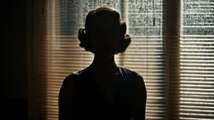 Elegant woman creating silhouette near venetian blinds, casting dramatic shadows in soft window light, revealing mysterious feminine form - Powered by Adobe