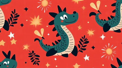 Festive Seamless Pattern with Dragons, Firecrackers, and Gold Stars on Red