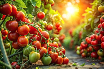 Organic garden yields a surreal cluster of vibrant red tomatoes, their ripe perfection a natural masterpiece.