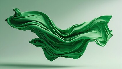 A highly realistic photograph featuring a vibrant green flowing fabric as the main subject, with the fabric dramatically flowing and swirling on the left side of the frame, as if blowing in the wind, 