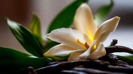 Obraz premium Vanilla Flower and Beans: A Close-Up of Nature's Sweetness