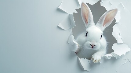 Obraz premium Adorable White Bunny Peeking Through Torn Paper