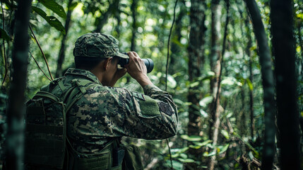 Obraz premium Soldier Observing Remote Border Outpost in Dense Forest with Camouflage Gear