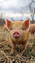 Cute piggy portrait. Happy smiling baby pig on National Pig Day.