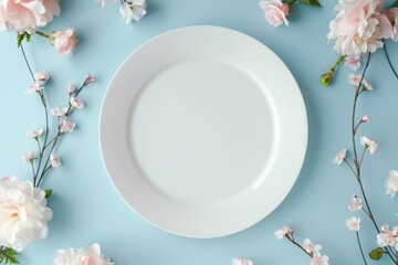 Elegant Spring Table Setting With Blossoms And Empty Plate. A minimalist white plate surrounded by delicate cherry blossoms, creating a serene and elegant spring atmosphere. MZ