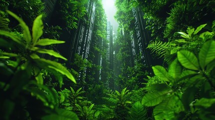 Fototapeta premium Lush Green Forest Filled with Vibrant Flora and Diverse Plant Life Creating a Tranquil and Inviting Natural Environment in the Heart of Nature