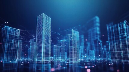 3D Abstract Wireframe City Background with Perspective View