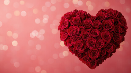heart shaped arrangement of red roses on soft pink background creates romantic atmosphere, perfect for Valentine Day celebrations