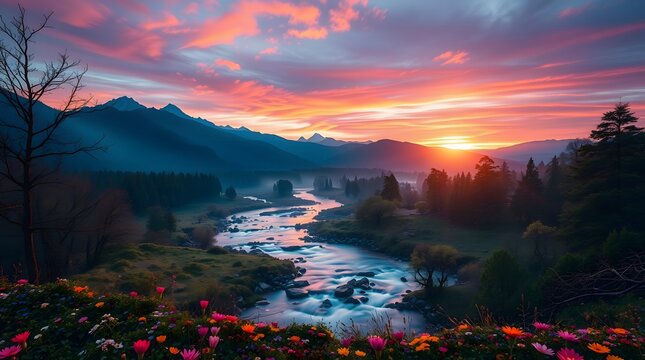Spring Forest Mountain River in Sunrise