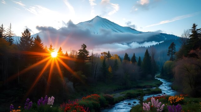 Spring Forest Mountain River in Sunrise