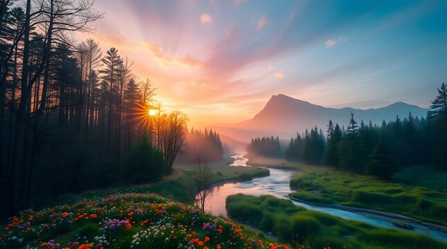Spring Forest Mountain River in Sunrise