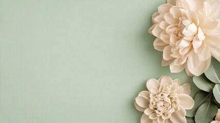 Minimal floral concept. Elegant arrangement of soft flowers on a green background, perfect for various designs.