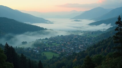 Misty Mountain Valley Sunrise: A Serene Alpine Village