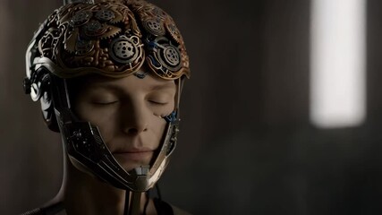Close up of a cyborg with closed eyes, showcasing intricate brain computer interface technology - Powered by Adobe